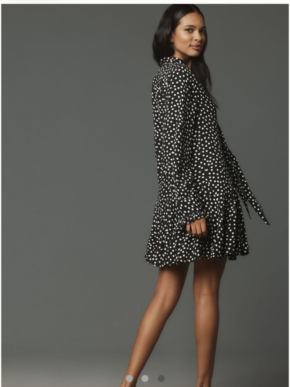 Anthropologie Polka Dot Tie Neck Mini Dress Black White Ruffle Size S Parisian - Picture 2 of 14